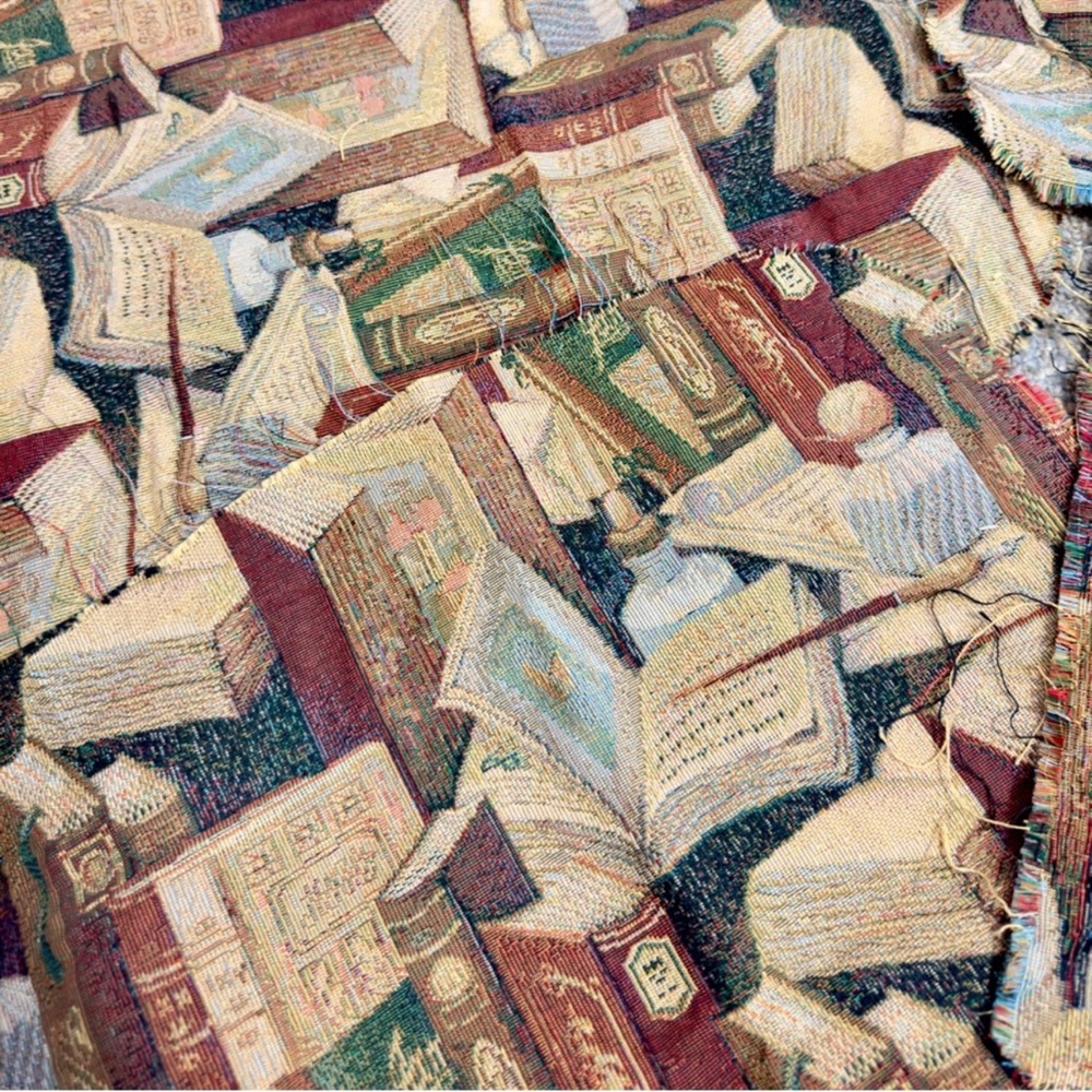 Classic Books & Inkwell Themed Tapestry Upholstery Fabric Thick Textured Library
